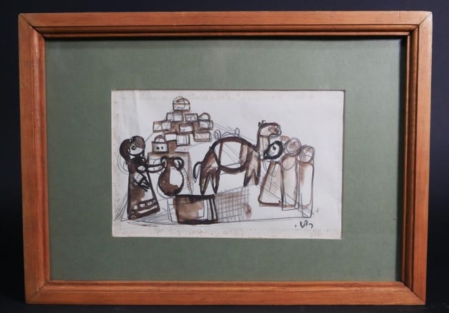 LEO (LIOR) ROTH, ISRAELI (1914 - 2002): Framed, depicts a figural scene with a camel. Signed on bottom right. Leo (Lior) Roth (1914 - 2002) was an Israeli painter who was born in 1914. Roth's work was influenced by Cubism and bears much in 