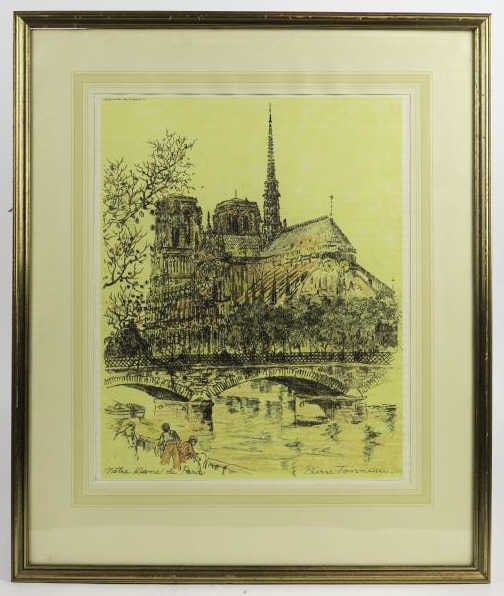FRAMED PRINT OF NOTRE-DAME DE PARIS: Signed by Pierre Tourneau. With Frame: L: 21 in. H: 25 in. Without Frame: L: 16 in. H: 18 in.