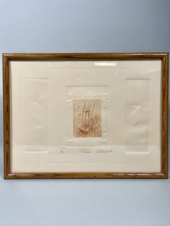 ARNIE WEIMER, AMERICAN (20TH CENTURY): Framed, an embossed print, and titled "Decisions." Pencil signed and numbered 2/50 on the bottom. Weimer attended the Fine Arts program in Cincinnati, mostly studying studio arts, painting and