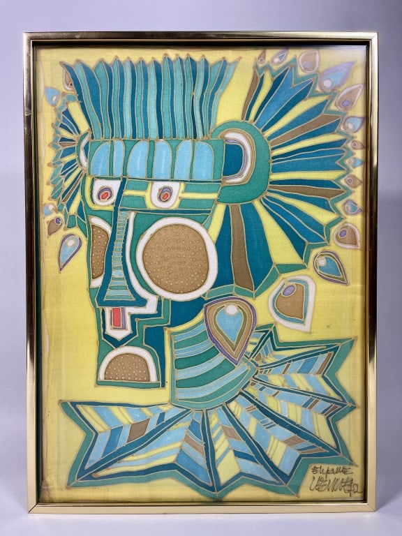 FRAMED PRINT ON SILK OF A TRIBAL PERSON, SIGNED: Framed, a beautiful print on silk that depicts a tribal person, against a bright yellow background. Signed on bottom right which is ineligible. Property from the Estate of Dr. Stanley Block and