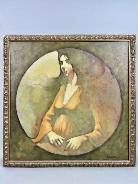 DAVID KREITZER, AMERICAN (1942 - ): Framed. An oil on canvas painting of a lady's portrait. Signed on bottom right to read Kreitzer. David Kreitzer is an American artist who was born in 1942. The record sold price for this artist in auc