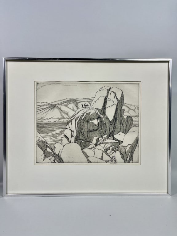 ROI PARTRIDGE, AMERICAN (1888 - 1984): Framed. An etching on paper, titled "On the Carmel Coast." Pencil signed on the bottom. George Roy Partridge, also known professionally as Roi Partridge, was an American printmaker and teacher. In