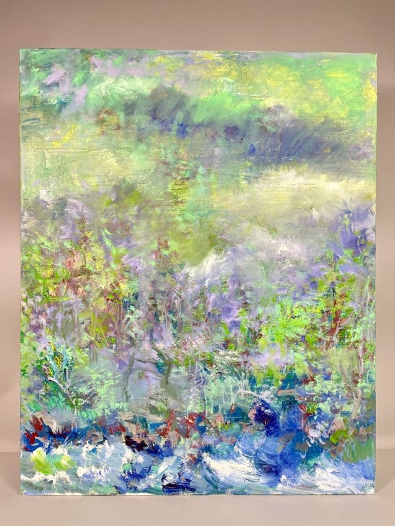 DAVID MA, CHINESE-AMERICAN (1956 - ): Titled "Listening to the Mountains." Amid soft fog and quiet woods, a clear stream winds gently through the forest, whispering the language of the mountains. Sunlight filters in, the air rich with moi