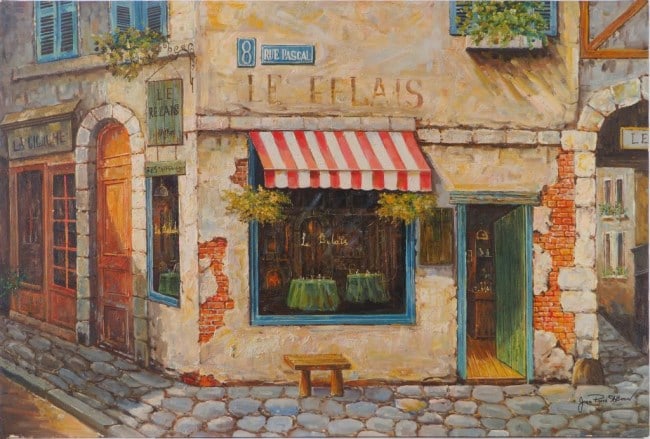 OIL PAINTING ON CANVAS OF AN URBAN STREET VIEW: A street view of a corner coffee shop of a European town. Signature read as "Jean Pierre Altmon", Signed to the bottom right. H: 24 in. L: 36 in.