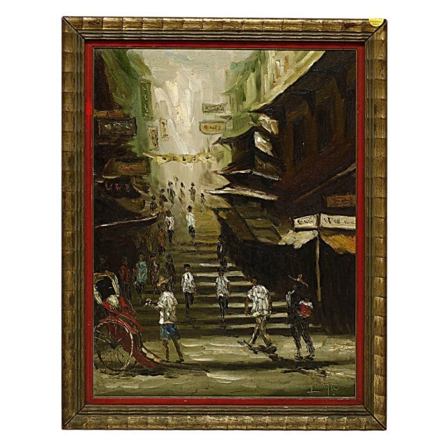 CHINESE OIL PAINTING ON CANVAS: Framed. Depicts an oriental street scene. Signature on the lower right which is illegible. W: 17 7/8 in., H: 23 3/4 in.