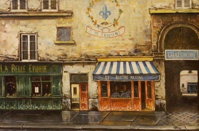OIL PAINTING ON CANVAS OF PARISIAN SHOPS: Artist's signature to the bottom right. H: 24 in. L: 36 in.