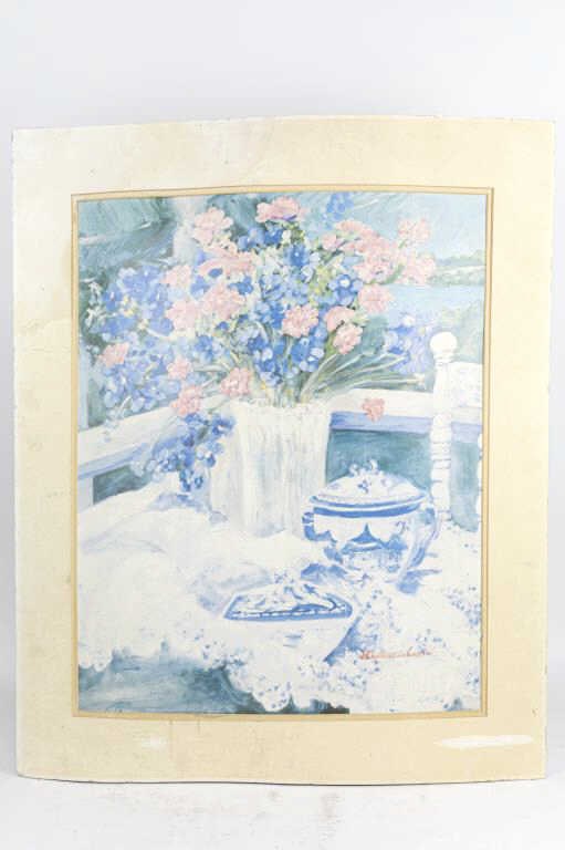 A BEAUTIFUL PRINT OF STILL LIFE: A beautiful print-out of depiction of balcony and flowers. Signature on lower right which is illegible. L: 22 1/2 in. H: 29 in.