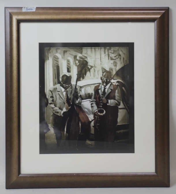 PHOTOGRAPH OF TWO MUSICIANS PLAYING JAZZ MUSIC: Framed, a magnificent, realistic painting that depicts of two Jazz musicians. H: 14 1/2 in. L: 12 1/2 in.