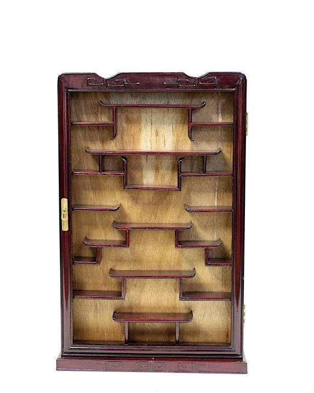 CHINESE HARD WOOD SHOWCASE WALL CABINET: With a hinged cover without glass. H: 32 1/2 in. L: 20 in.