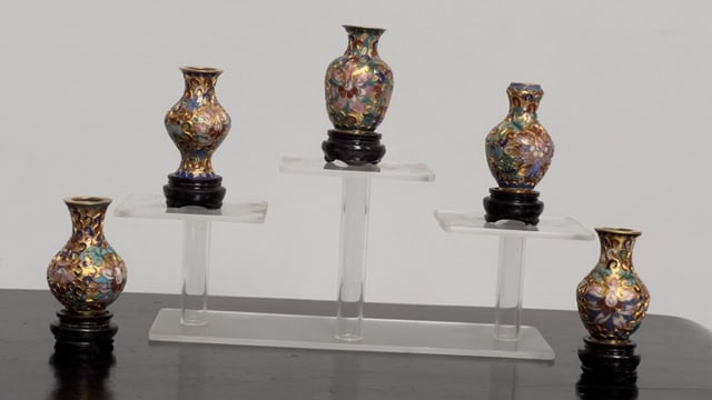 GROUP OF FIVE MINIATURE CLOISONNE VASES: Each gilded and on wooden base.
