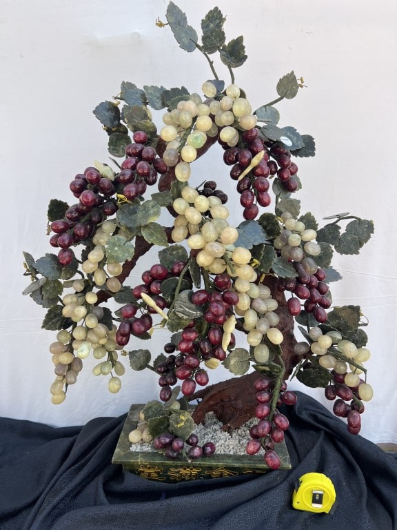 CHINESE JADE FRUIT TREE: Size: H: 37in x W: 24in Standing on a jade and bronze stand.