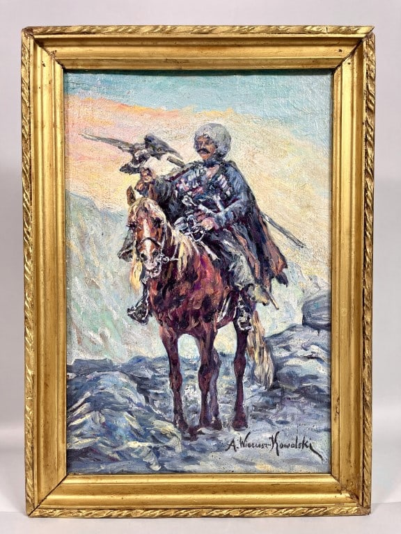 AFTER - A. WIERUSZ-KOWALSKI, POLISH (1849 - 1915): Giltwood framed. An oil on board painting that depicts a soldier riding on a horse, and holding an hunting eagle. Signed on bottom right to read A. Wierusz-Kowalski. This painting is after and copy