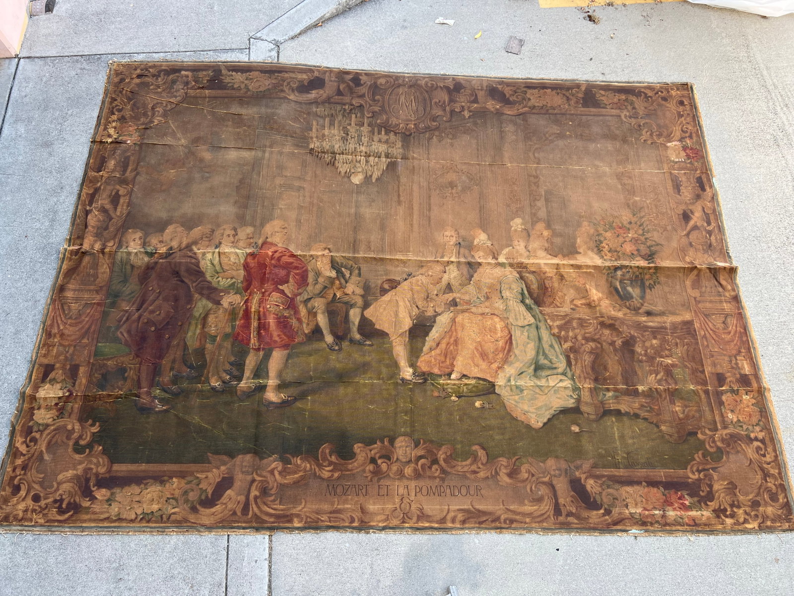 LARGE FRENCH TAPESTRY, MOZART ET LA POMPADOUR: A French tapestry, after Vicente Garcia de Paredes (1845-1903). Size: 11ft x 7ftDepicting the young Wolfgang Amadeus Mozart being presented to Madame de Pompadour at Versailles in 1763, the celebrated