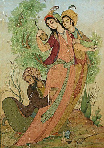 IMPORTANT PERSIAN WATERCOLOR PAINTING ON PAPER: Story of Omar Khyman and two lovers, signed Kh. Ebrahim. H: 21 in. x W: 15 1/8 in.