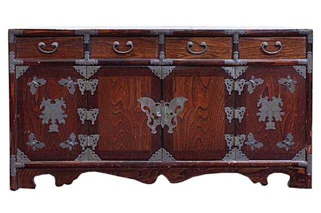 KOREAN WOODEN CHEST: Korean Wooden chest decorated with metal locks in butterfly and flower shapes. L: 29 7/8 in. x W: 12 1/4 in. x H: 16 1/4 in.