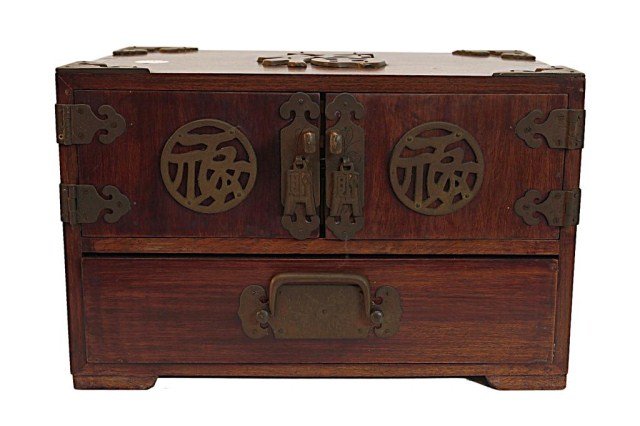 CHINESE CARVED WOOD TRAVELLING BOX: Fine East Asian carved wood chest with round metal ornamentation reads: auspicious on the front and happiness on the sides. L: 14 1/8 in. x W: 8 3/4 in. x H: 9 in.