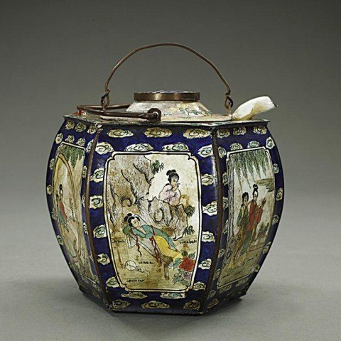 ENAMELED ANTIQUE CHINESE COPPER TEA POT: With six panels, hand painted design of ladies in different scenes of leisure activities. H: 4 in.