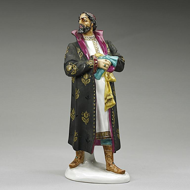 RUSSIAN PORCELAIN FIGURE OF FEODOR CHALIAPIN: Polychromatic porcelain figure of the greatest Russian singing-actor/ basso Feodor Chaliapin as Boris Goudunov. This is a model after the 1922 Trupiansky's creation in The State Porcelain Manufactory.