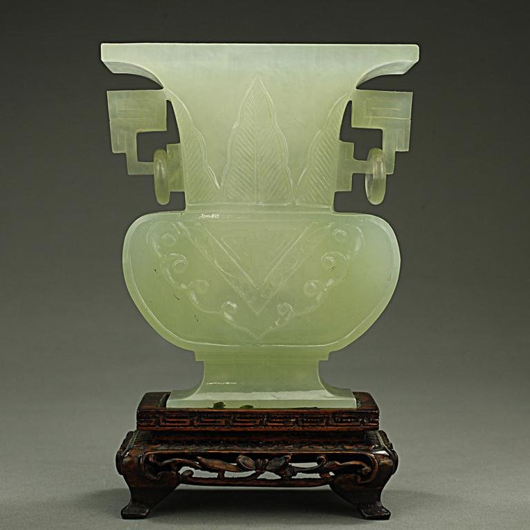 CHINESE CARVED CELADON JADE VASE ON STAND