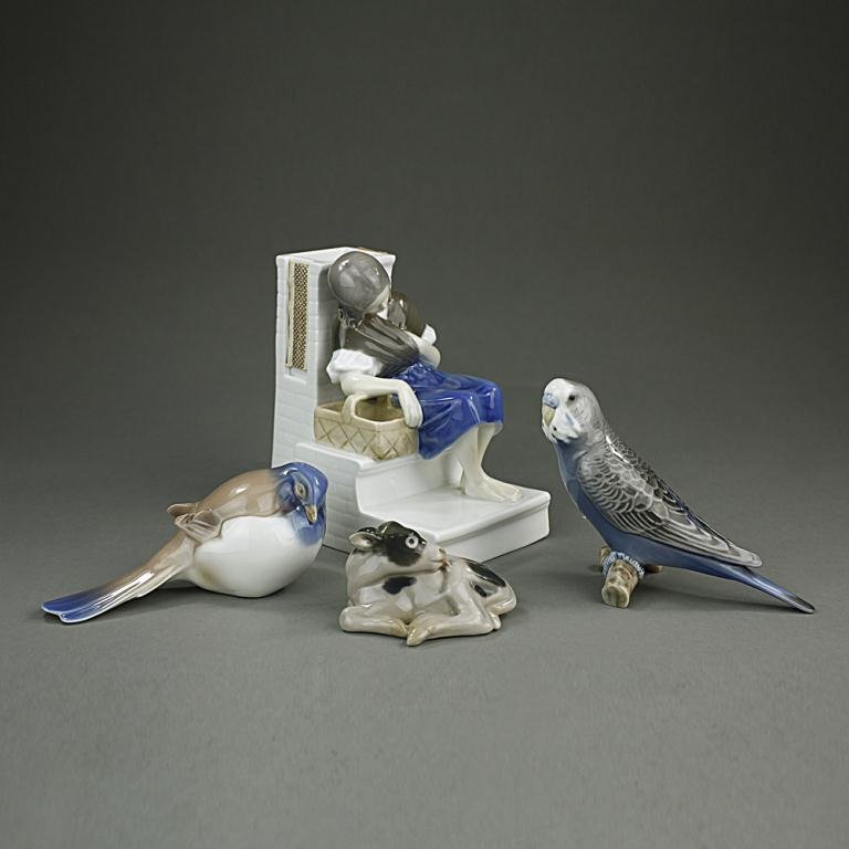 GROUP OF B & G PORCELAIN ITEMS: Comprising of a Porcelain figure of a "match girl", marked B & G (1655 BO) in base, a recumbent calf, also marked B & G (2168 TO) in base, and two birds, one perched on a twig, one a titmouse bird.