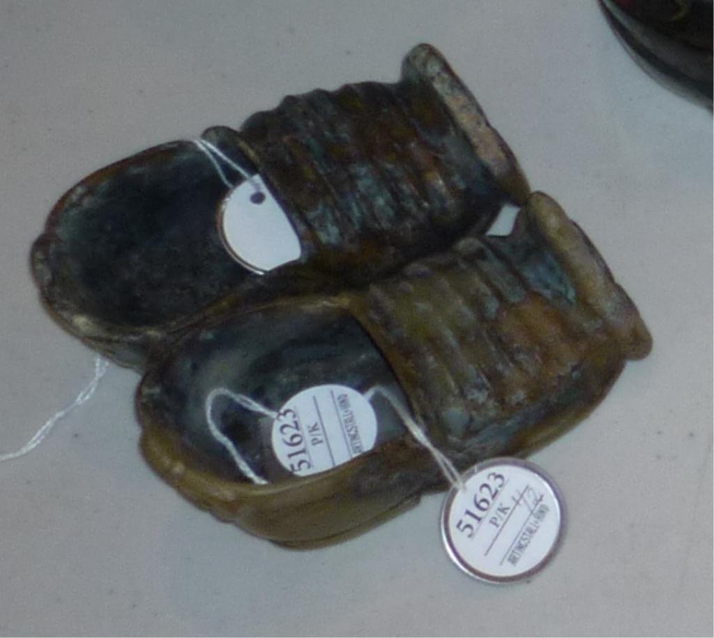 Pair of Chinese Carved Jadeite Brush Washers: in the form of shoes