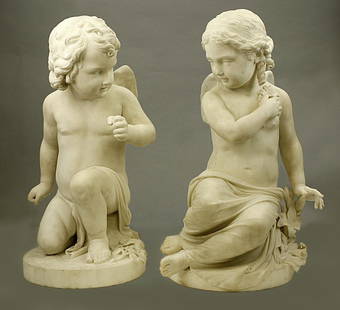 PAIR OF FINELY CARVED WHITE MARBLE FIGURES: Of a young boy and a girl representing "innocence" by Pio Fedi (1815-1892). Inscribed to each circular base: "Pio Fedi Sculptor Florence 1859".