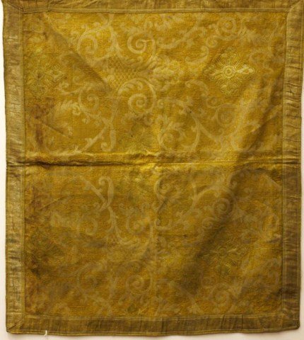 ANTIQUE EUROPEAN GOLD THREADED SQUARE TABLE COVER: H: 36 in. W: 32 in.