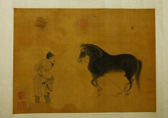CHINESE SONG DYNASTY PAINTING OF A HORSE AND A MAN: H: 9 1/8 in. W: 12 1/2 in.