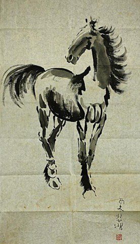 CHINESE PAINTING ON PAPER OF A HORSE: Signature to read Xu Bei Hong. H: 38 1/2 in. x W: 19 1/4 in.