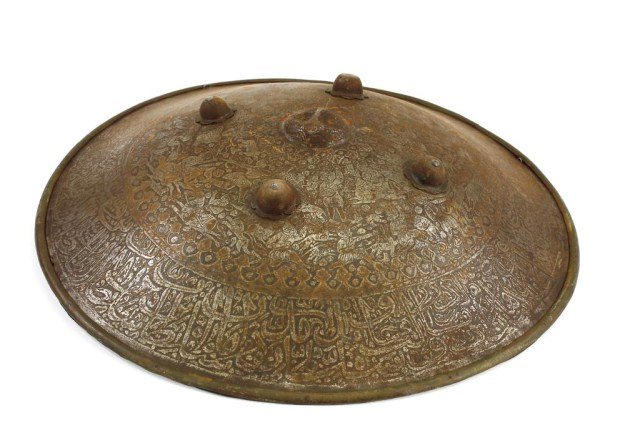 ROUND BRONZE SHIELD: With beautiful and intricate oriental pattern on the metal shield. D: 18 3/8 in.