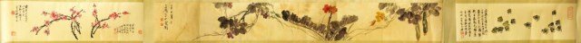 CHINESE SCROLL PAINTING OF FLOWERS AND INSECTS: Signature to read Wang Xue Tao. H: 8 3/4 in. X L: 132 in.