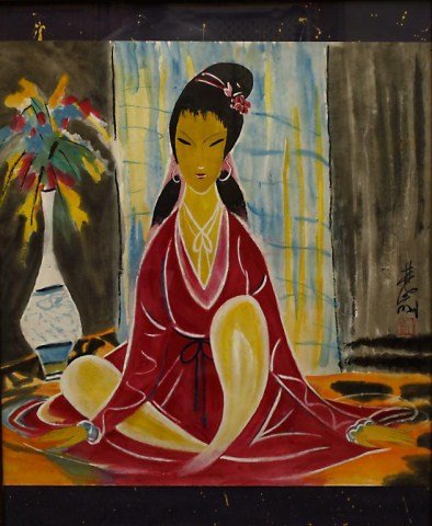 CHINESE FRAMED PAINTING OF A BEAUTY: Signature to read Lin Feng Mian. H: 22 3/4 in. X W: 22 in.