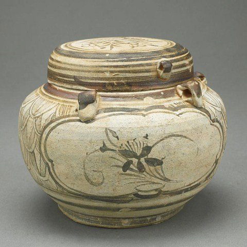 CHINESE EARTHENWARE JAR AND COVER: The shoulder with five loops and painted with floral motifs. H: 4 1/8 in.