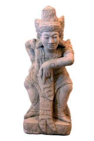 EAST ASIAN FIGURAL STONE CARVING: Probably of an artist wearing elaborate costume and headpiece in performance, bending with right hand at the back and left on downward mudra having a long thumbnail. H: 30 1/4 in. x L: 11 in. x W: 10