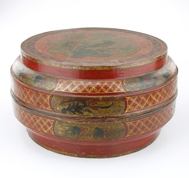 CHINESE ROUND CINNABAR LACQUER BOX AND COVER: H: 8 in.