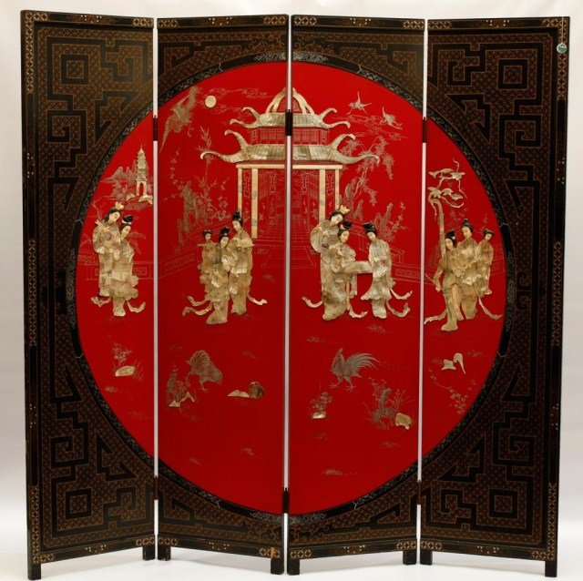 CHINESE RED LACQUERED FOUR PANELS SCREEN: With mother-of-pearl appliqued design of beauties. Inscriptions and paintings on the back. H: 72 1/8 in.