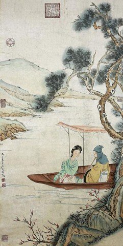 CHINESE SCROLL PAINTING OF A WOMAN AND A SCHOLAR: Depicted riding together in a boat. Signature to read Shang Guan Zhou. H: 51 1/4 in.(130.5cm) x W: 25 1/8 in.(64cm)