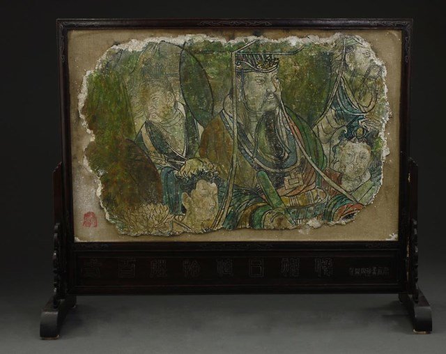 CHINESE PAINTED PLAQUE IN A WOODEN FRAME: On piece of plaster, depicting an emperor and his followers. H: 20 5/8 in. x L: 25 1/2 in.