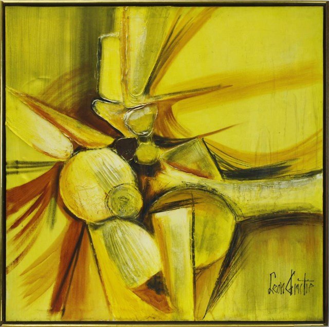 MODERN OIL PAINTING ON CANVAS: Large and bright abstract oil painting of yellow composition with brown elements; signed and dated in bottom right corner Leon Christie. H: 42 in. x L: 42 in.
