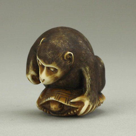 JAPANESE IVORY NETSUKE OF A MONKEY: Upon a turtle's back. Stained ivory. Signature on bottom. H: 1 3/8 in.