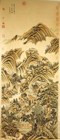 CHINESE LANDSCAPE SCROLL PAINTING: Signature to read Wang Shi Min. H: 86 1/2 in. x W: 34 1/4 in.