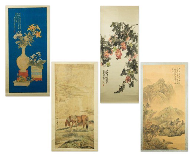 FOUR ASSORTED CHINESE SCROLL PAINTINGS: Including one of a misty mountainous scene, one of fruit hanging from a branch, one of a horse, and one of two vases of flowers on blue ground. H: 35 in. x L: 16 1/2 in., H: 46 in. x L: 21 in., H: 49 