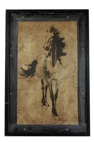 FRAMED OLD CHINESE SCROLL PRINT OF A HORSE: Signature to read Xu Beihong. H: 24 3/4 in. x W: 14 1/2 in.