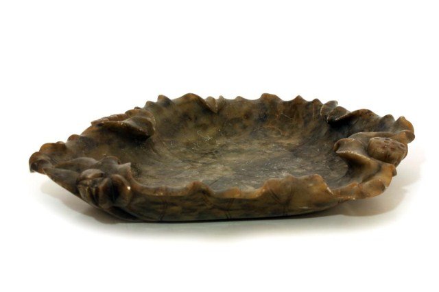 CHINESE SOAPSTONE LOTUS LEAF-SHAPED FLAT DISH: Finely carved and of a mottled brown tone. L: 14 1/4 in., W: 10 1/2 in.
