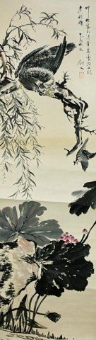 CHINESE SCROLL PAINTING OF AN EAGLE AND BIRD: Signature to read Gao Jian Fu. H: 68 1/4 in. (173.5cm). x H: 18 1/8 in. (46cm).