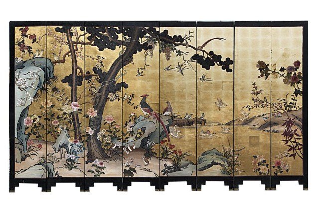 CHINESE EIGHT PANEL WOODEN SCREEN: Painted with a scene of a grand phoenix amongst many birds perched on a tree next to a pond. Various floral sprigs carved to the reverse. L: 145 in. x H: 84 1/4 in.