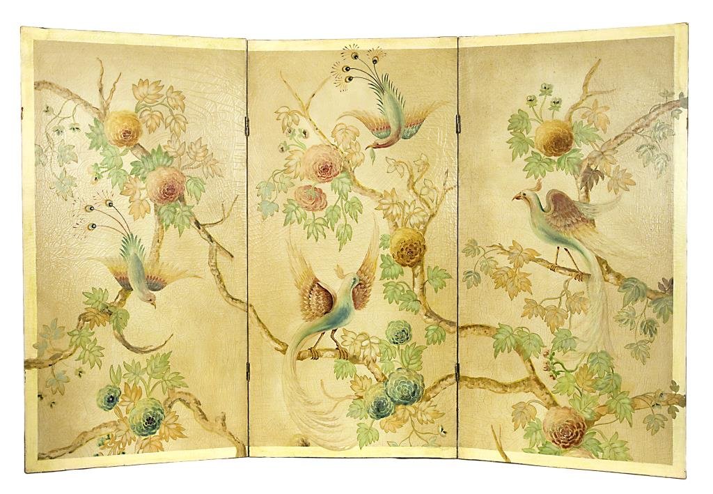 ITALIAN THREE PANEL OIL PAINTING ON CANVAS: ITALIAN THREE PANEL OIL PAINTING ON CANVAS With multiple birds perched on the branches of a tree with blooming flowers. From the Marlin collection of Beverly Hills, CA. H: 48 in., L: 72 in.