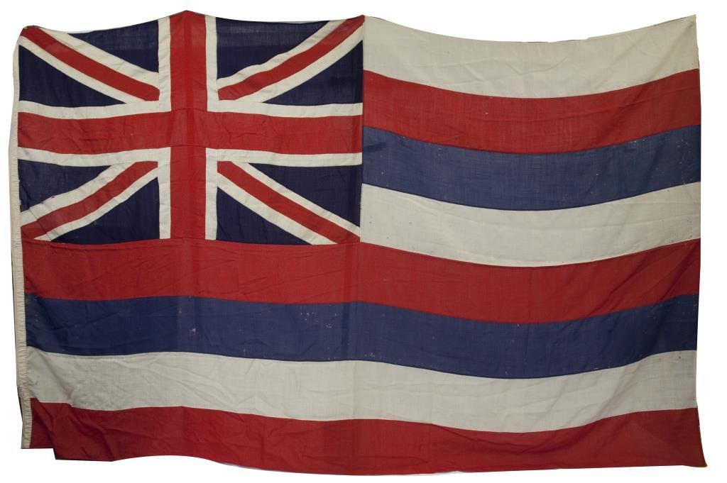 ANTIQUE STATE OF HAWAII FLAG: Sewn using a thick fabric. H: 80 in., L: 131 1/2 in.