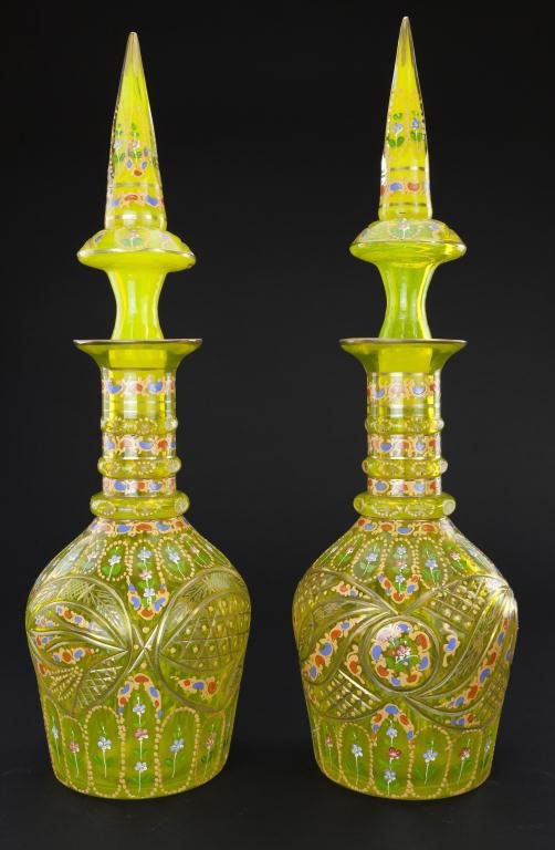 PAIR OF IMPERIAL YELLOW BOHEMIAN GLASS DECANTERS (1 of 4)