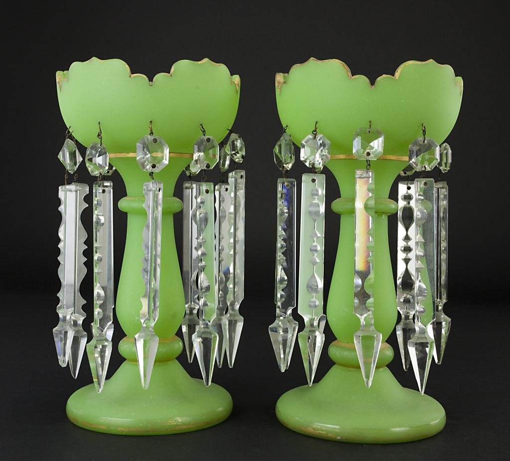 PAIR OF GREEN OPALINE GLASS LUSTERS (1 of 2)
